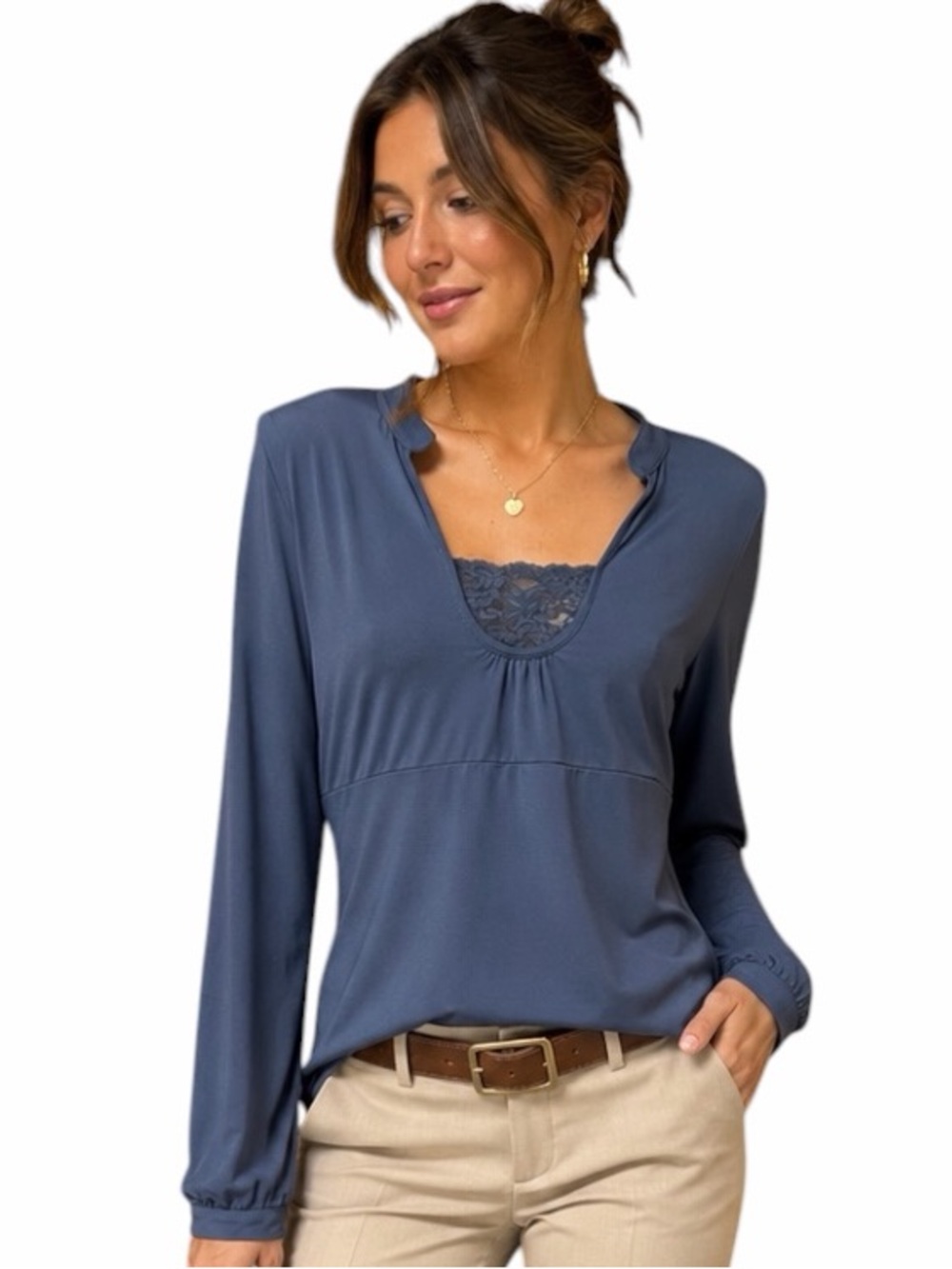 Apostrophe Medium Gray Stretch Y2K Style Blouse Lace Neckline Modest Office